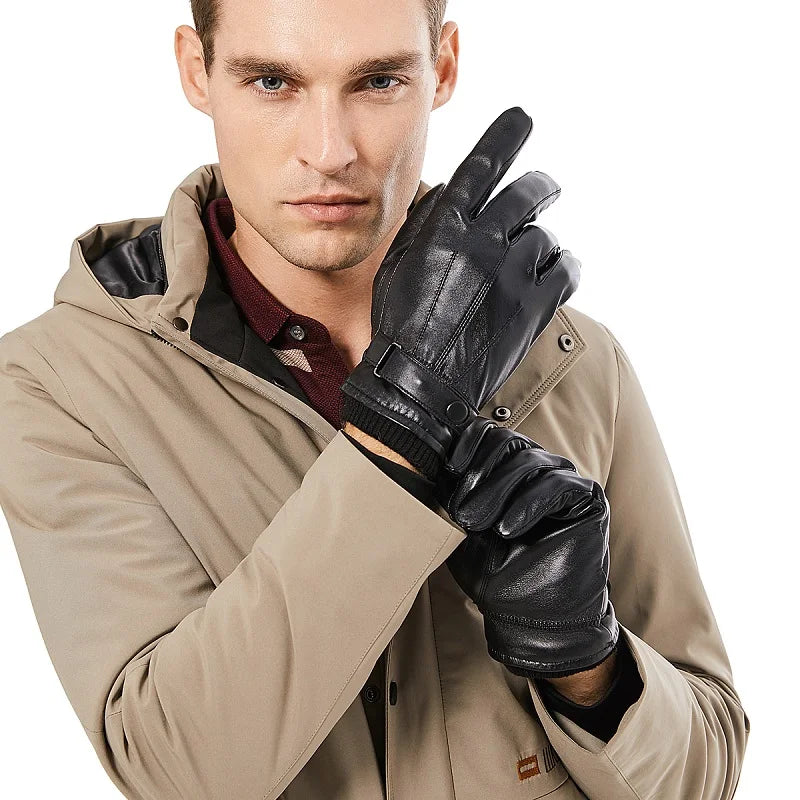 BISON DENIM Men Genuine Sheepskin Leather Gloves Autumn Winter Warm Touch Screen Full Finger Black Gloves High Quality S019