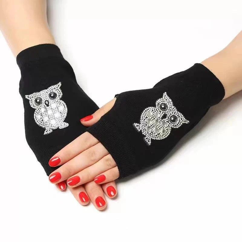 1 Pair Rhinestone Fingerless Gloves CUte Cartoon Animals Pattern Women Men Black Knitted Half Finger Gothic Warm Winter Mittens