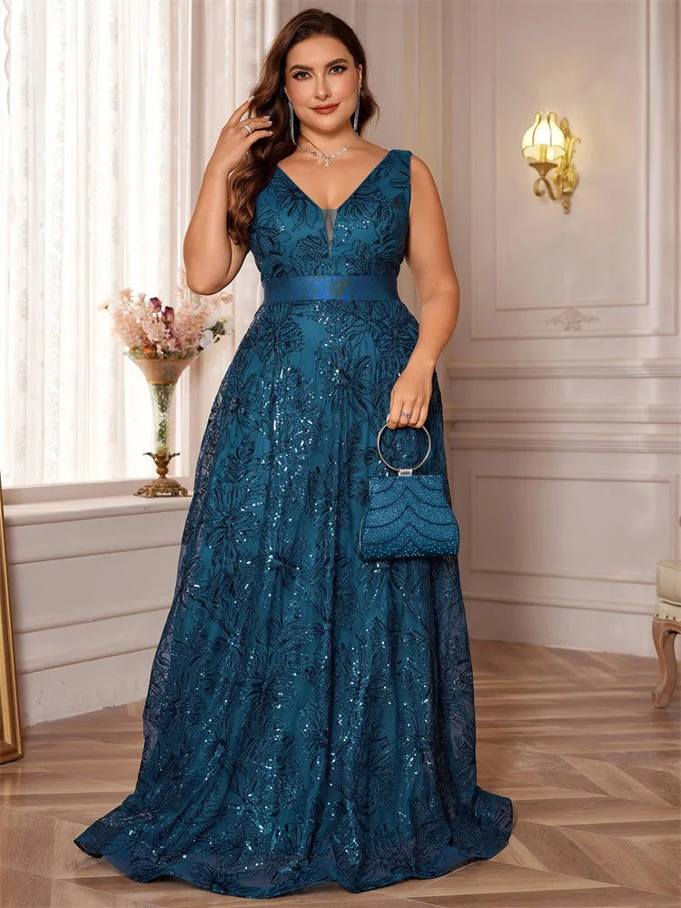 XUIBOL Plus Size Luxury Sexy Deep V-Neck Sequins Blue Evening Dress Women Elegant V-back Wedding Party Long Prom Cocktail Dress