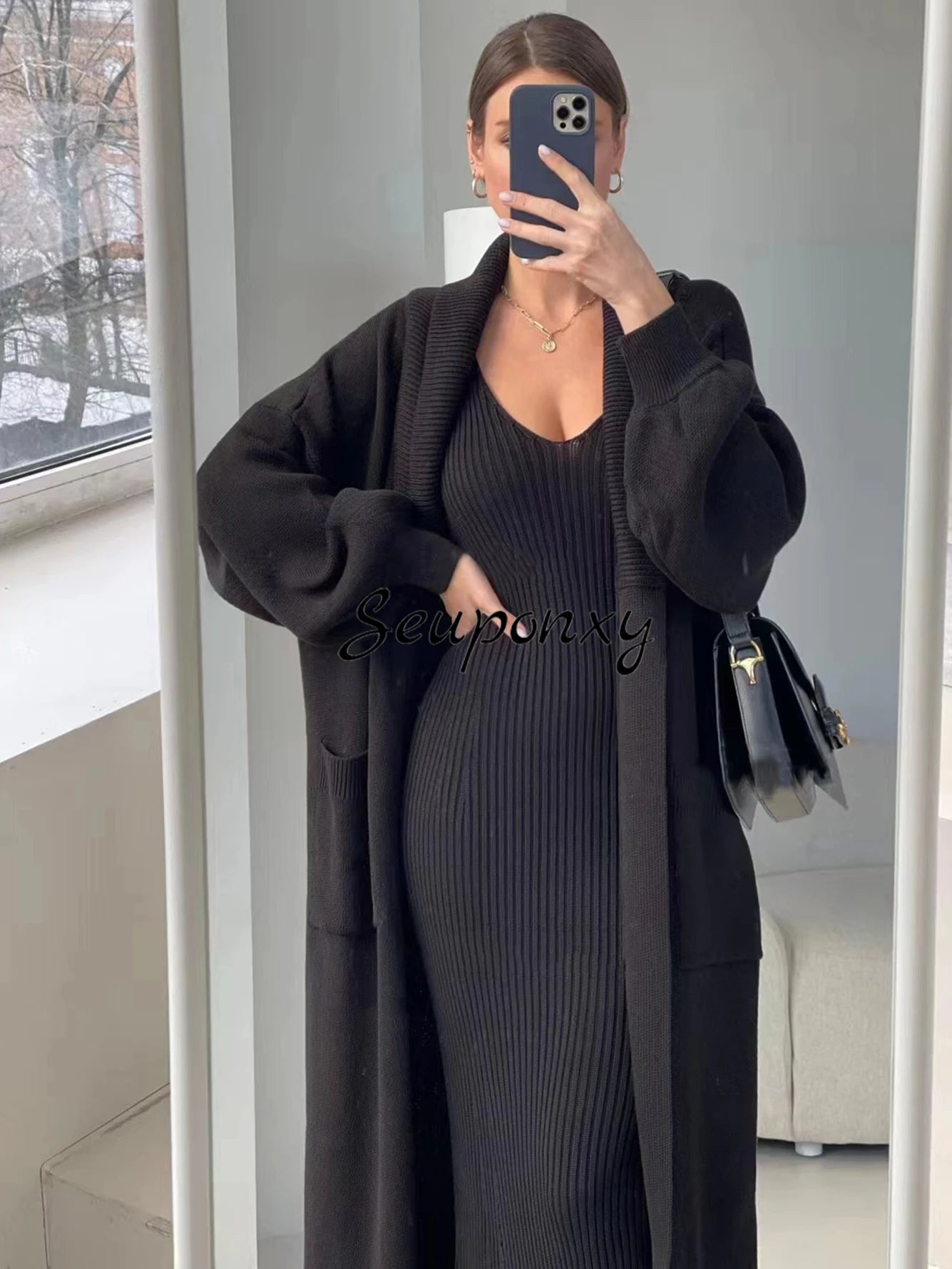 High Quality Women'S Solid Color Knitted Set, Sexy Long Sleeved Loose Long Cardigan Jacket+Sleeveless Dress Casual Two-Piece Set