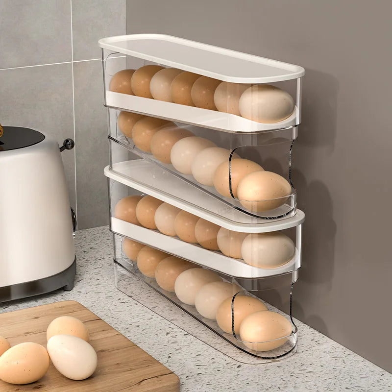 Egg Storage Rack, Double-Layer Automatic Rolling Egg Box, Kitchen Refrigerator Storage Box, Transparent Preservation Box