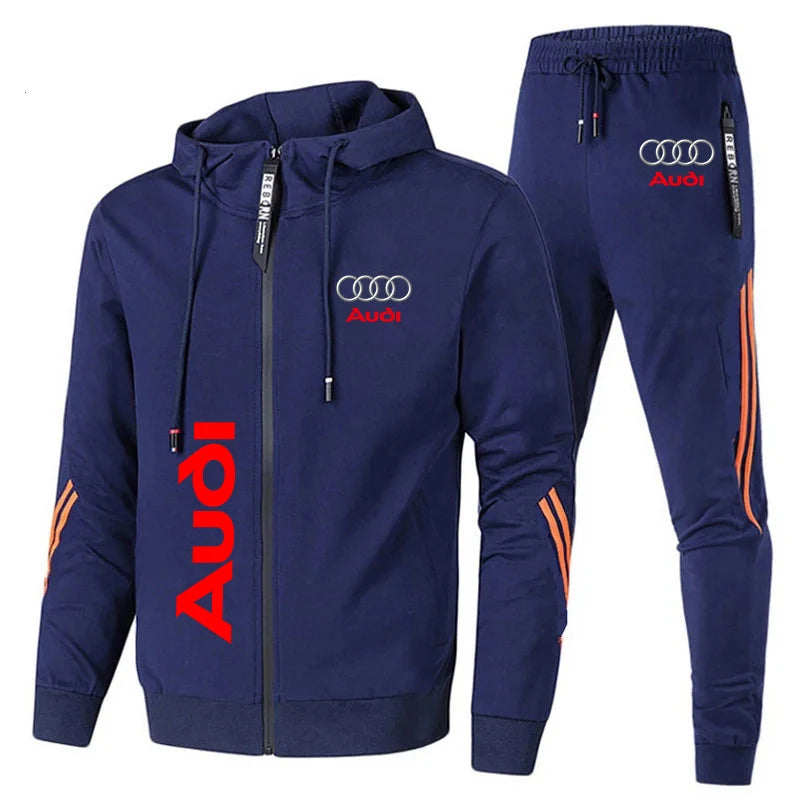 Men's Tracksuit Audi Logo Printed Sportswear Zipper Hooded Pullover+Pants 2 Piece Set Casual Fitness Running Suit Men's Clothing