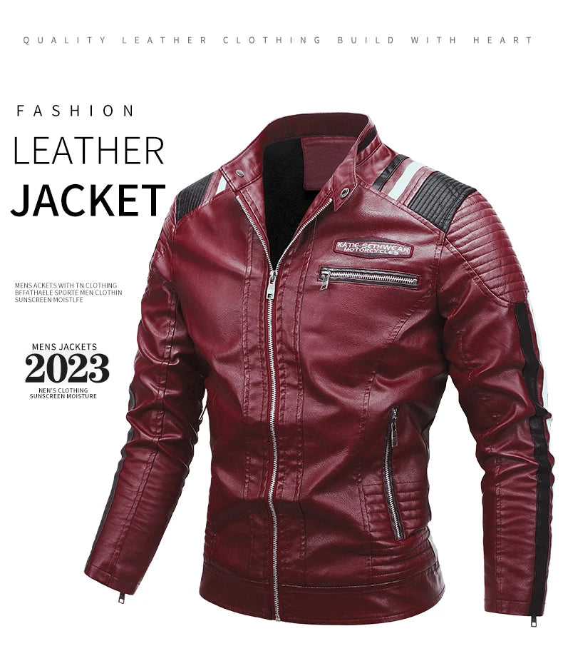 2023 Men Autumn Jacket Bomber Biker Zipper Motorcycle Faux Fur Coat Male Fleece Pilot Vintage Black Red Brown PU Leather Jacket