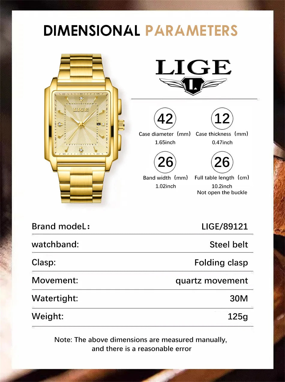 LIGE Watch Man Square Fashion Men Watches Top Brand Luxury Golden Quartz Stainless Steel Waterproof Wristwatch Relogio Masculino