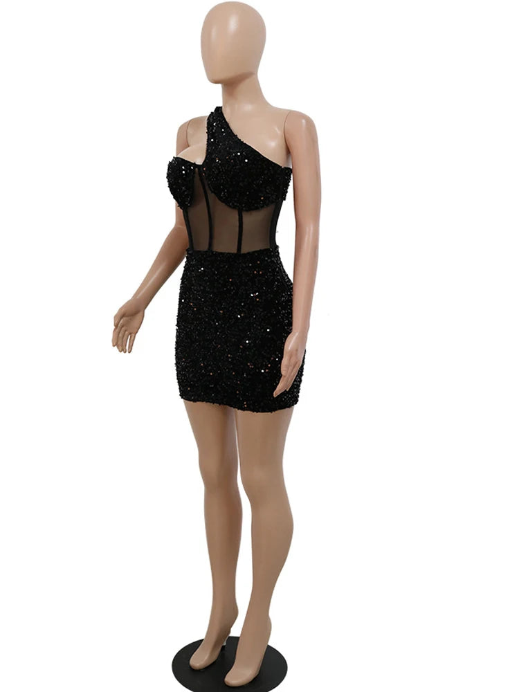 Beyprern Glitter Single Shoulder Sheer Mesh Sequins Short Dress Glam Black Sequins Party Dress Female Robes Sexy Clubwear