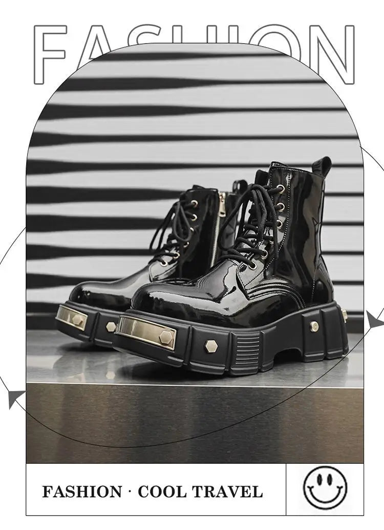 2024 Men's High Top British Style Thick Bottom Increased Bright Leather Black Motorcycle Round Toe Side Zipper Punk Boots Women