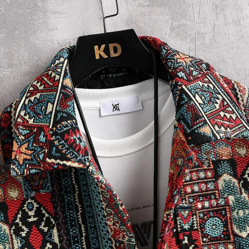 Autumn Casual Turn-Down Collar Jacket Spring Men's Outwear Ethnic Style Button Coat Youth Streetwear Oversized Tops