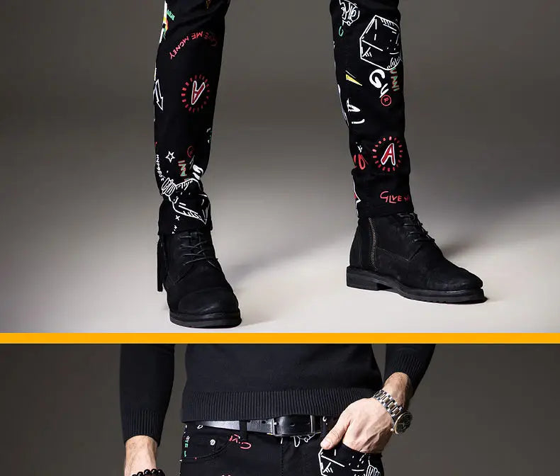 Luxury Mens Denim Pants Hip Hop Graffiti Print Jeans Designer Slim Fit Trendy Black Jeans Stretch Cowboy Cotton Trousers for Men