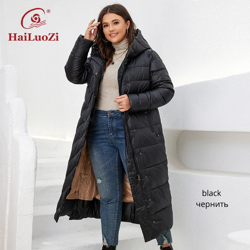 HaiLuoZi  New Winter Women's Jackets Plus Size Mid-length Thick Hood Warm Zipper Belt Classic Casual Women Coat Parkas 6037