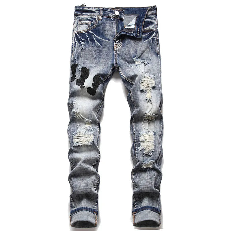 2021 European Style Men Black Jeans Spring Autumn Digital Printing Cotton Pants Men's Slim Fashion Stretch Casual Denim Trousers