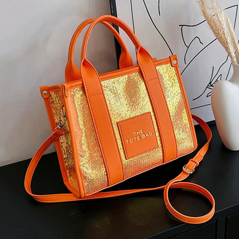 New The Tote Bag Letter Printed Sequins Top-Handle Bag Women Leather Handbag Luxury Designer Glitter Shoulder Crossbody Bag