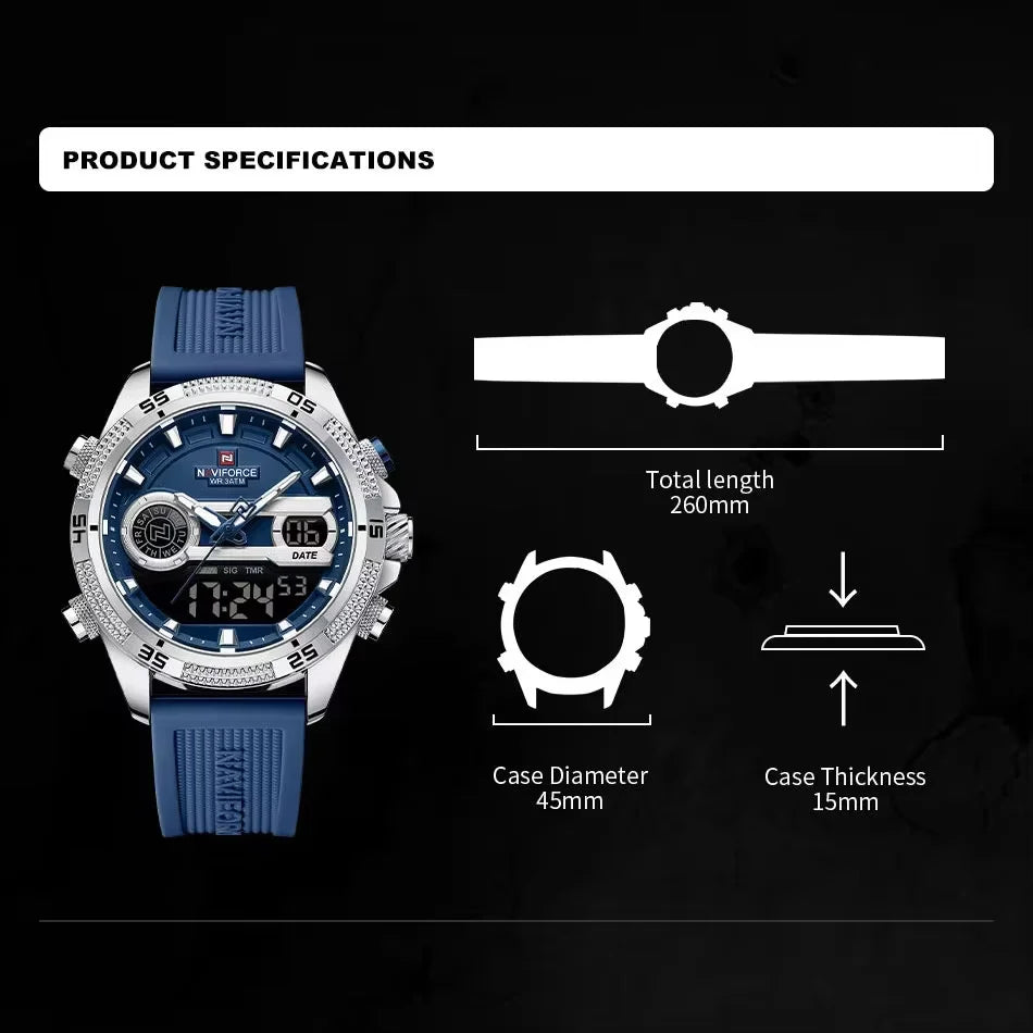 NAVIFORCE Military Sport Watches For Men Fashion Silicone Strap Waterproof Wrist watch Male Dual Display Luminous Alarm Clock