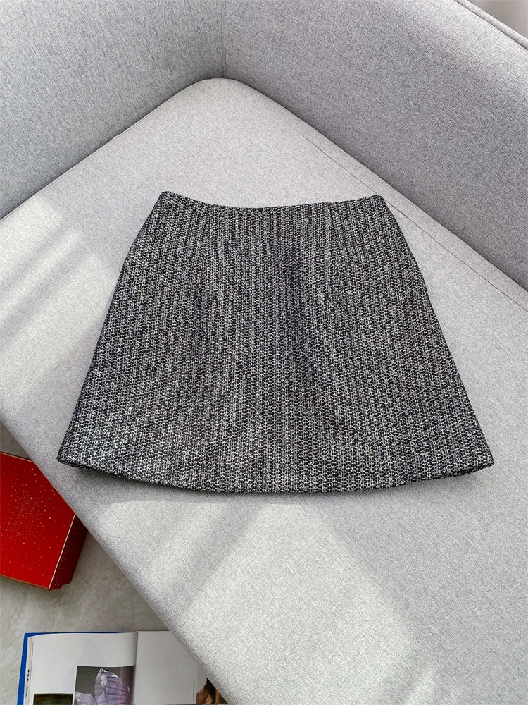 New 2024 High Quality Women Skirt Suit Cropped Tweed Jacket and Short Skirt Buttons Fastening Mini A-Line Elegant High Street SP