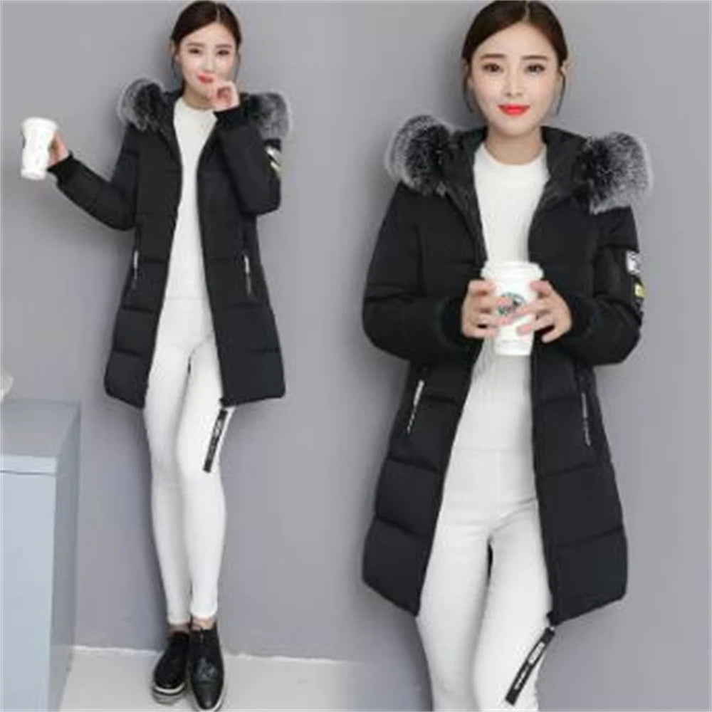 Winterjacke 2024 Koreanische Frauen Parka Große Pelzkragen Mit Kapuze Dicker Warmer Langer Weiblicher Mantel Lässige Outwear Daunenbaumwolljacke Parkas