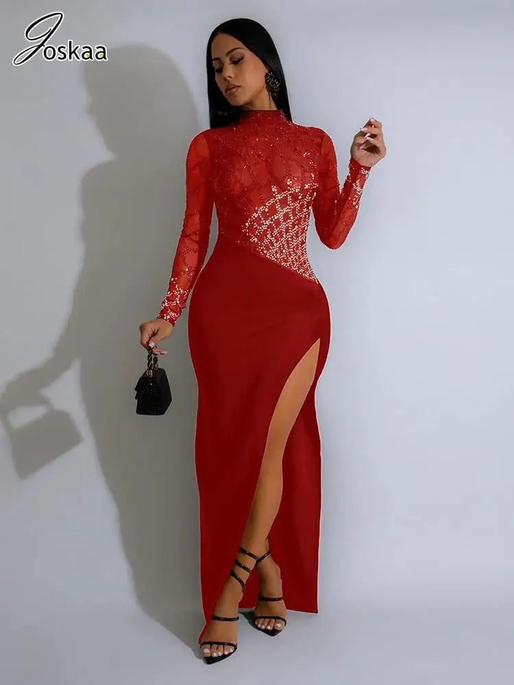 Joskaa Rhinestone Mesh Patchwork Long Evening Dresses Women Sexy Full Sleeve Side High Split Skinny Vestidos Party Clubwear