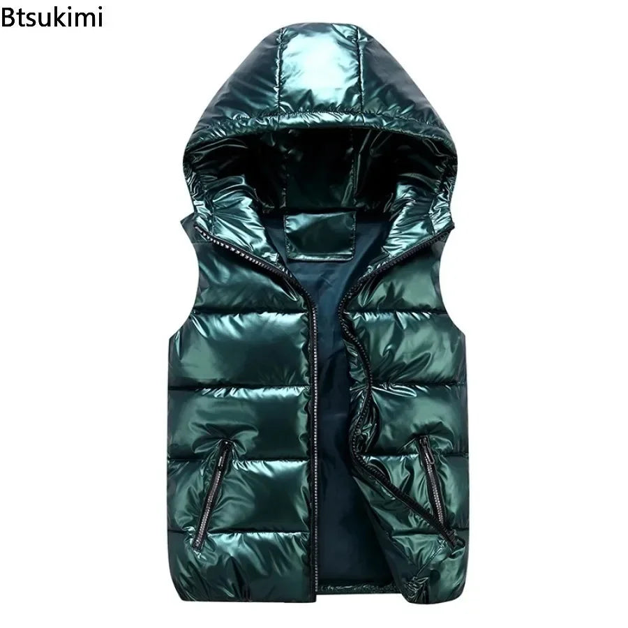 New Men's Hooded Vest Coats Fashion Glossy Waterproof Design Couple Down Cotton Lightweight Casual Waistcoat Male Parkas Vests