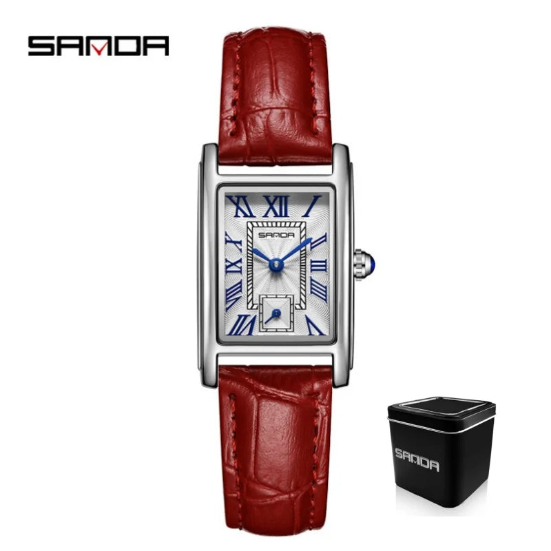 SANDA 1116 Quartz Watch Women Elegant Design Watches Rectangle Dial Waterproof Steel Leather Business Ladies Wristwatches Gift