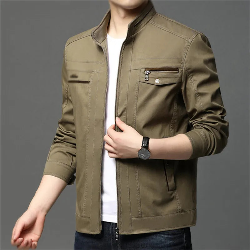 Spring Autumn Cotton Stand Collar Jackets Men Slim Casual Zippers Coat Mens Long Sleeve Bomber Jacket Solid Color Outerwear Man