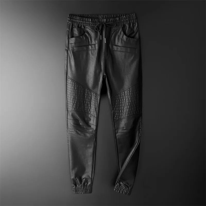 Men's Leather Pants Superior Quality Elastic Waist Jogger Pants PU Leather Motorcycle Trousers Biker's Pants