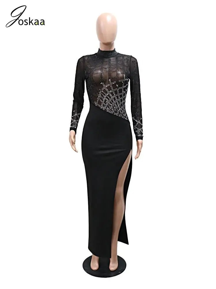 Joskaa Rhinestone Mesh Patchwork Long Evening Dresses Women Sexy Full Sleeve Side High Split Skinny Vestidos Party Clubwear