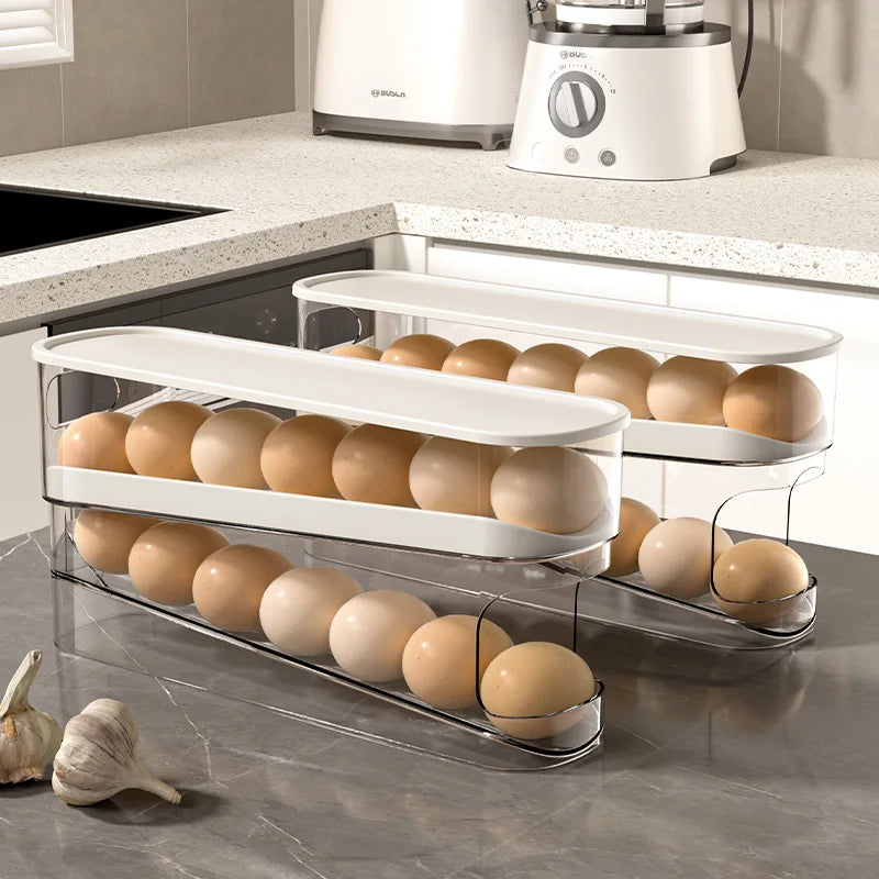 Egg Storage Rack, Double-Layer Automatic Rolling Egg Box, Kitchen Refrigerator Storage Box, Transparent Preservation Box