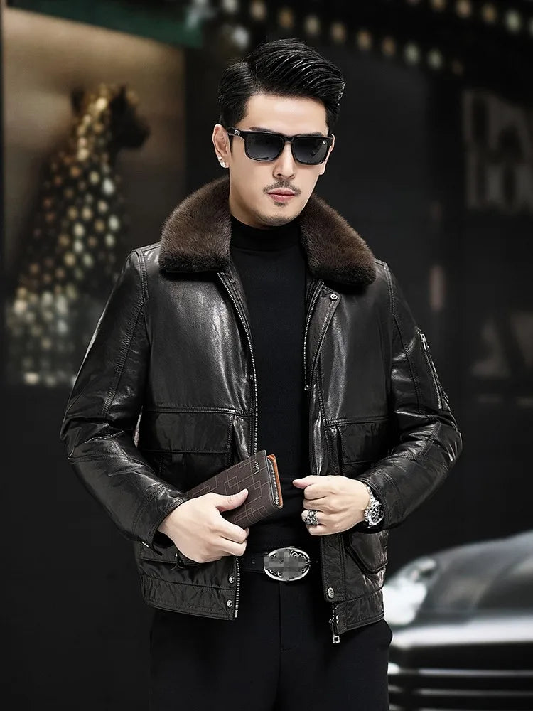 Winter Men Cowhide Genuine Leather Down Jacket Faux Mink Fur Collar Slim Fit Thick Warm Coat Moto Biker White Duck Down Overcoat