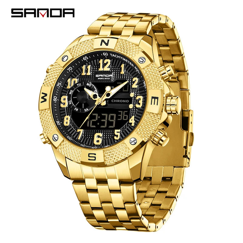 SANDA Top Men Quartz Watch Military Sport Waterproof Wristwatch LED Digital Clock Stainless Steel Quartz Watches Men Relogios