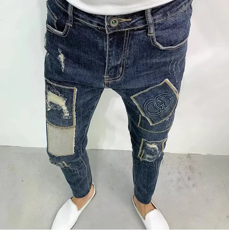 Autumn Trendy Korean Version Slim Fit Jeans For Men Unique Hole Patchwork Design Casual Style High Waist Bootleg Pants