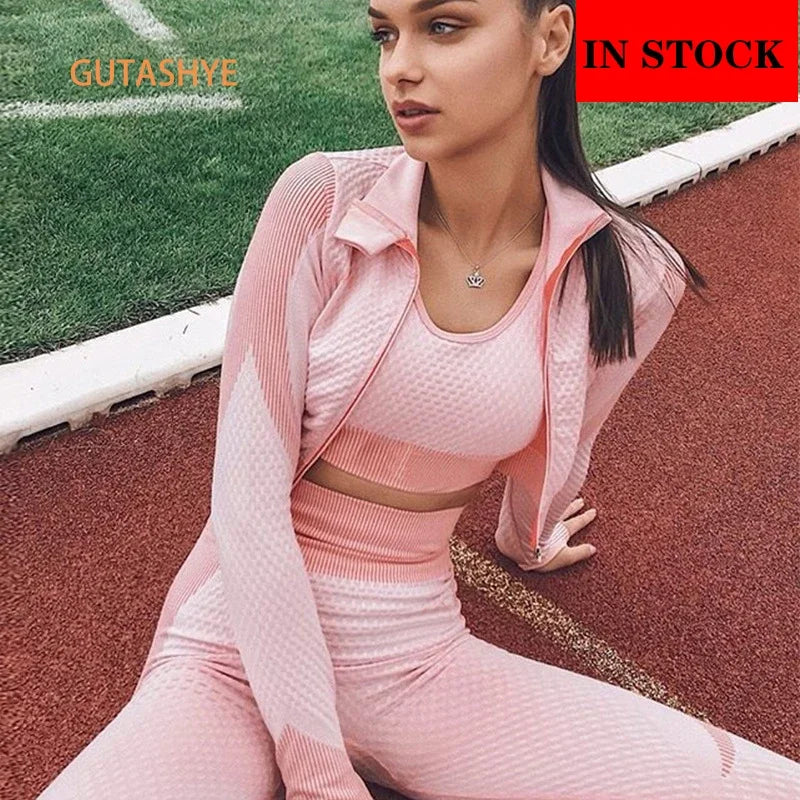 Seamless Long Sleeve Yoga Sets for Women, Female Sport Suit, Gym Wear, Running Clothes, Fitness Clothing, 2 or 3 Pcs