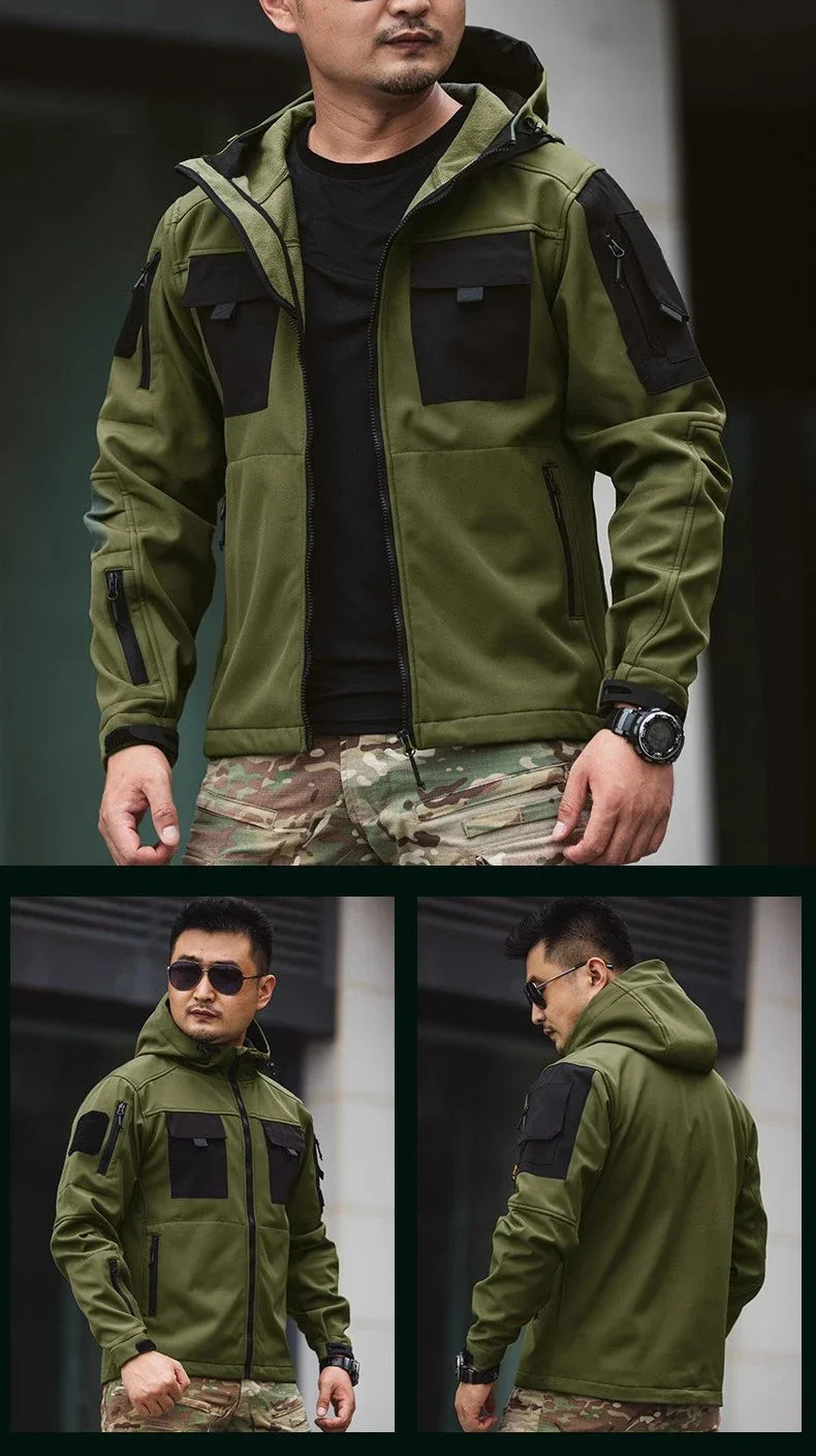 Winter Fleece Jacket Men Riding Outdoor Motorcycle Coats Tactical Multi-pocket Soft Shell Waterproof Windproof Warm Shark Skin