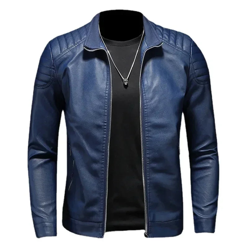 Spring New Men Solid Color Fashion Long Sleeve Faux Leather Coats Male Stand Collar Leather Jacket