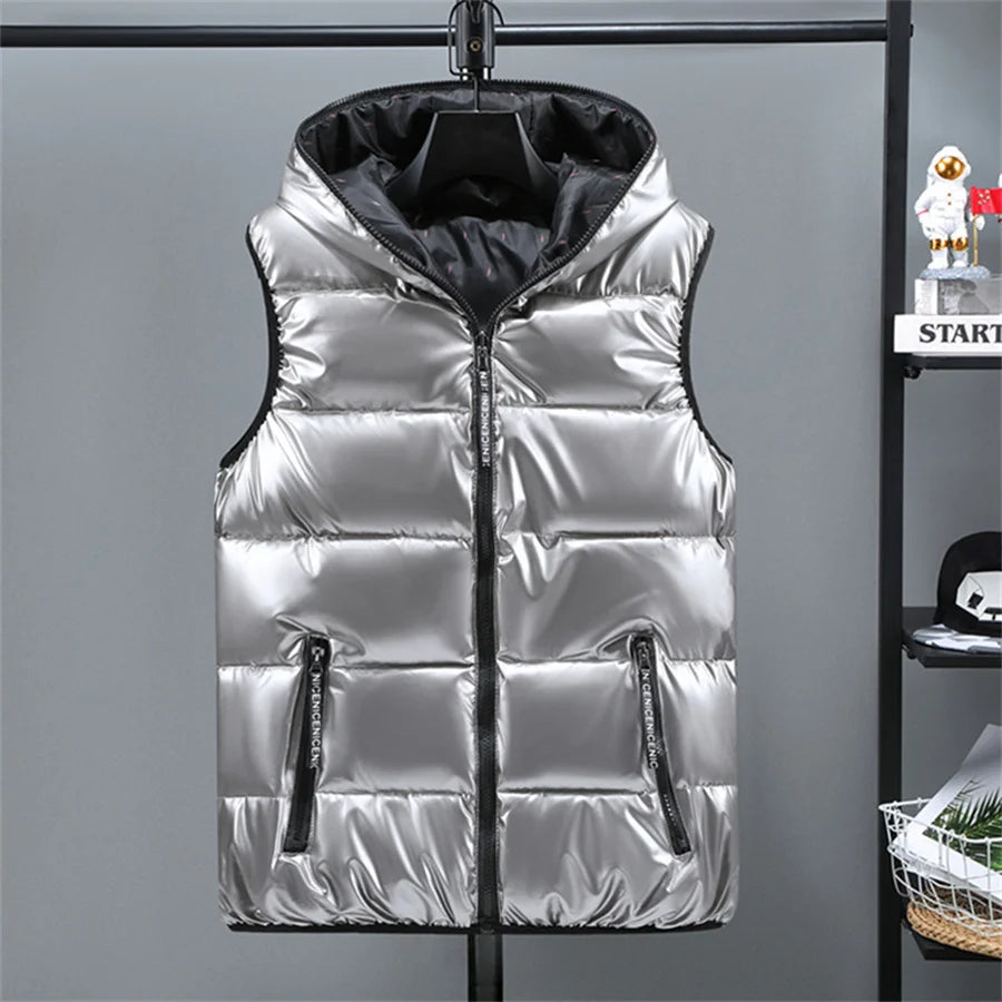 2025 New Men Winter Vests Hooded Glossy Cotton Padded Sleeveless Coat Male Waterproof Thick Warm Waistcoat Men's Clothing 6XL