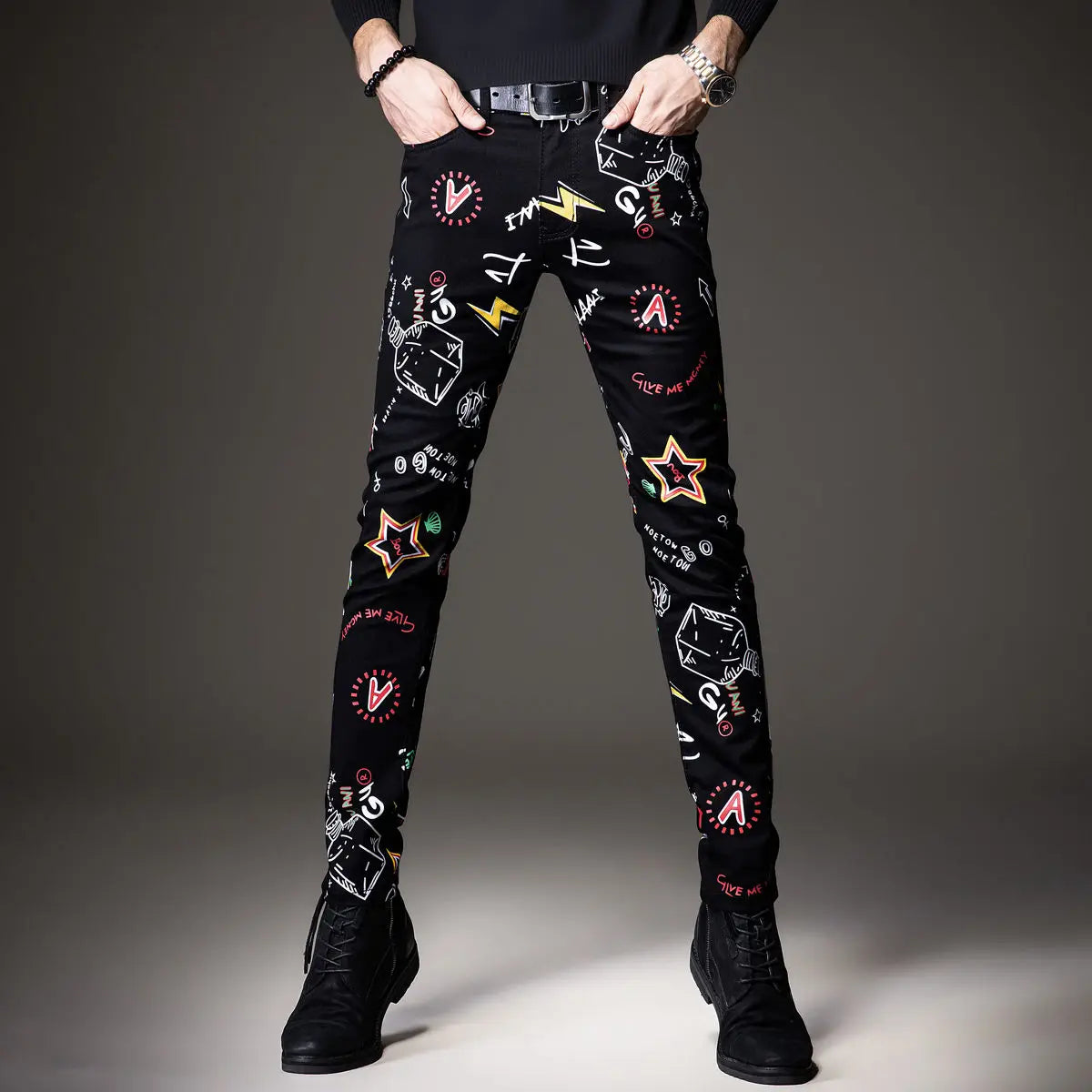 Luxury Mens Denim Pants Hip Hop Graffiti Print Jeans Designer Slim Fit Trendy Black Jeans Stretch Cowboy Cotton Trousers for Men