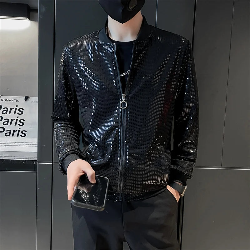 Y2K Men's Streetwear Night Club Stage Thin Motorcycle Jackets Trendyol Men Hip Hop Sequined Bombers Jacket Coat Fashion Clothing