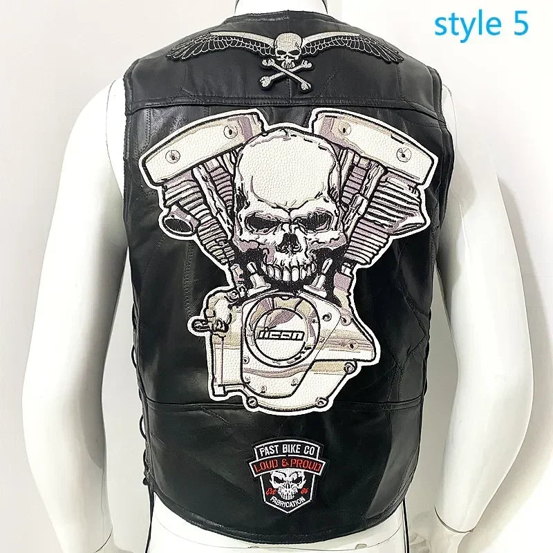 Motorcycle Leather Vest Embroidered Patch Moto Sleeveless Jacket Cycling Casual Street Vest Motorcycle Club Punk Vest