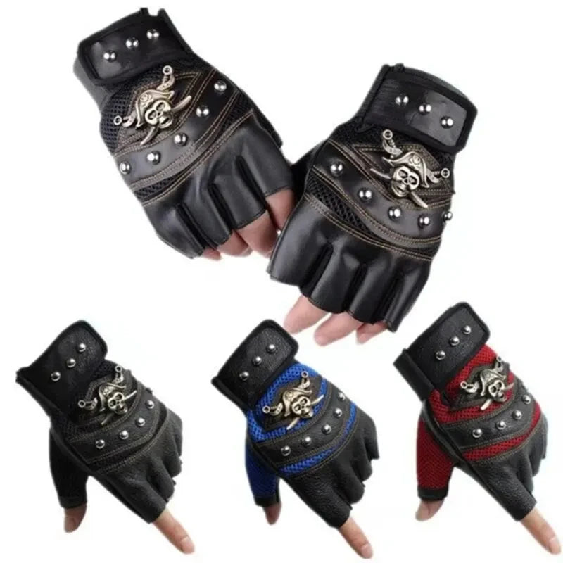 Pirate Captain PU Leather Fingerless Gloves Men Women Skulls Rivet Mitts Hip Hop Gym Gloves Female Moto Half Finger Gloves