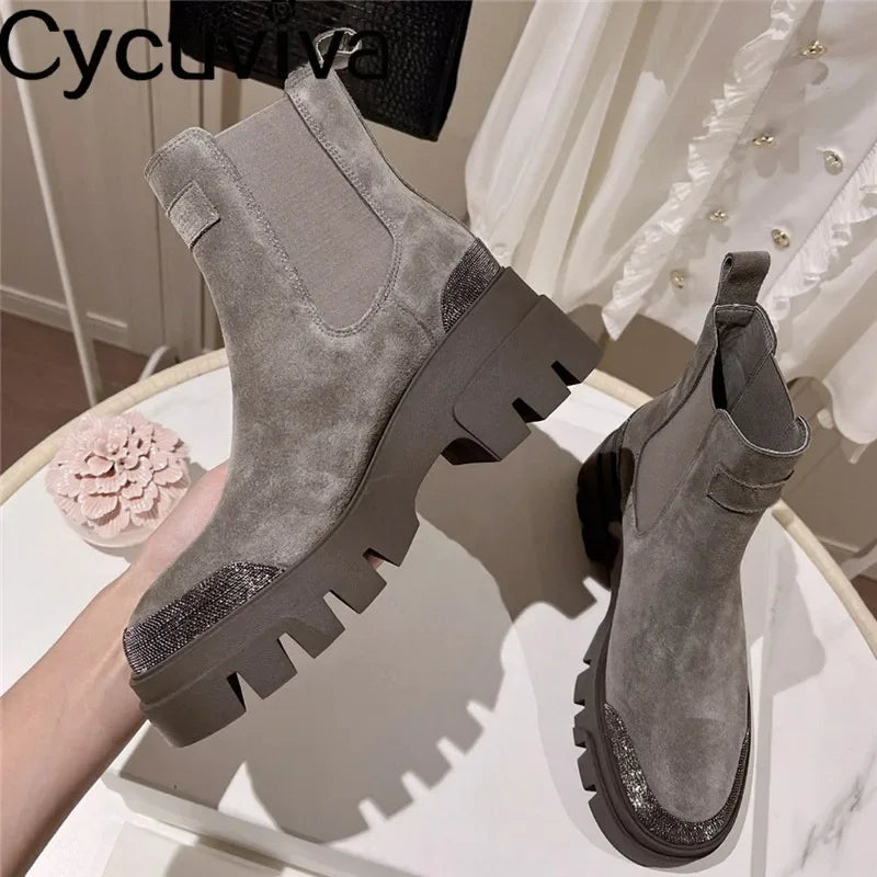 Autumn New Thick Sole Platform Chelsea Boots Women Rice White Suede Lace Up Mid Calf Short Boots Chunky Flat Heel Knight Boots