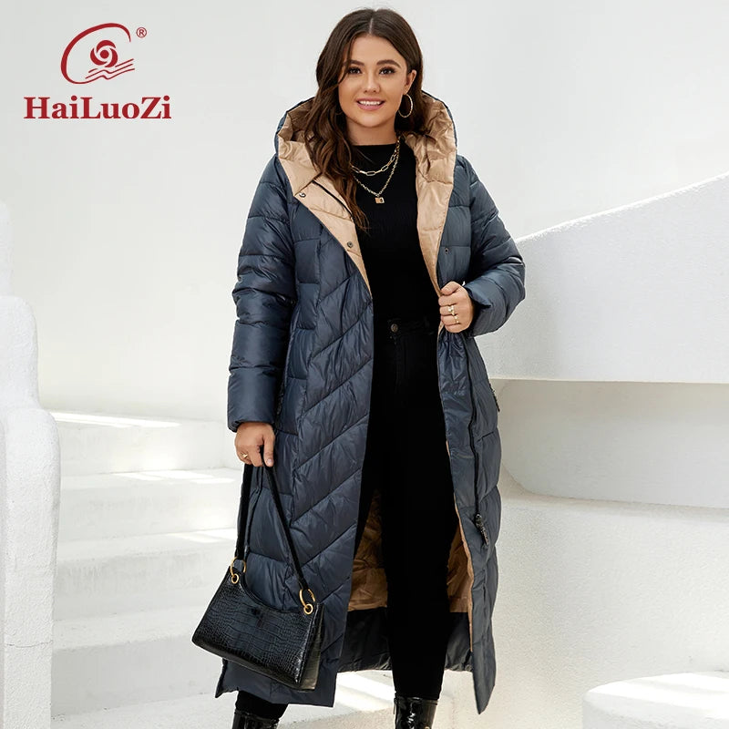 HaiLuoZi  New Winter Women's Jackets Plus Size Mid-length Thick Hood Warm Zipper Belt Classic Casual Women Coat Parkas 6037