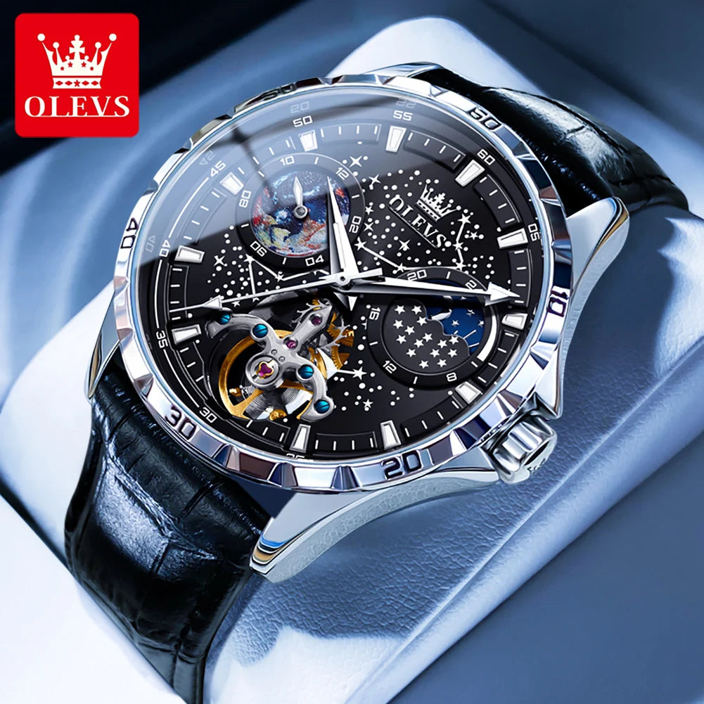 OLEVS Original Brand Men's Watches Waterproof Multifunctional Luminous Fully Automatic Mechanical Watch Moon Phase Starry Disk