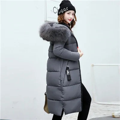 2024 Women's Down Parkas Winter Jacket Big Fur Collar Thick Slim Coat Fashion Hooded Cotton Outerwear Long Winter Woman Coat