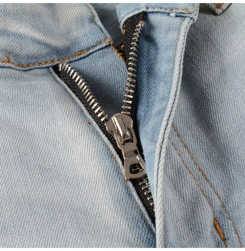 Men Pale Light Blue Biker Jeans Cracked Pleated Patch Patchwork Stretch Denim Pants Streetwear Holes Ripped Skinny Trousers