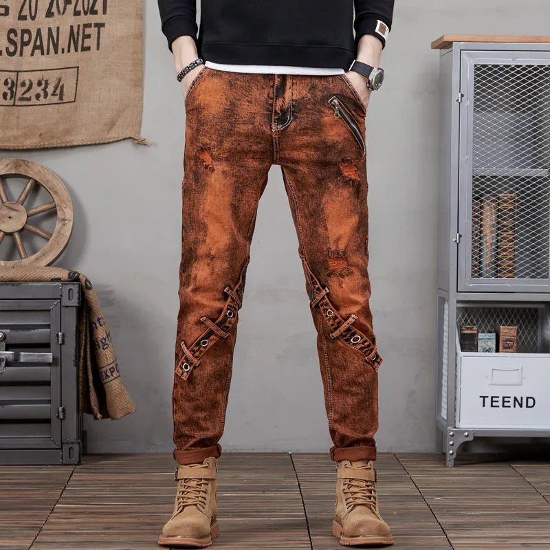 2021 European Style Men Black Jeans Spring Autumn Digital Printing Cotton Pants Men's Slim Fashion Stretch Casual Denim Trousers