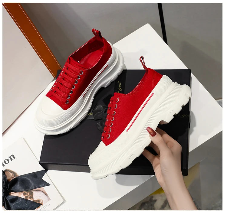 2024 Spring New Women'shoes Lace Up Sports and Leisure  Men's Shoes Thick Bottom Waterproof Platform Soft  Elevated Canvas Flat