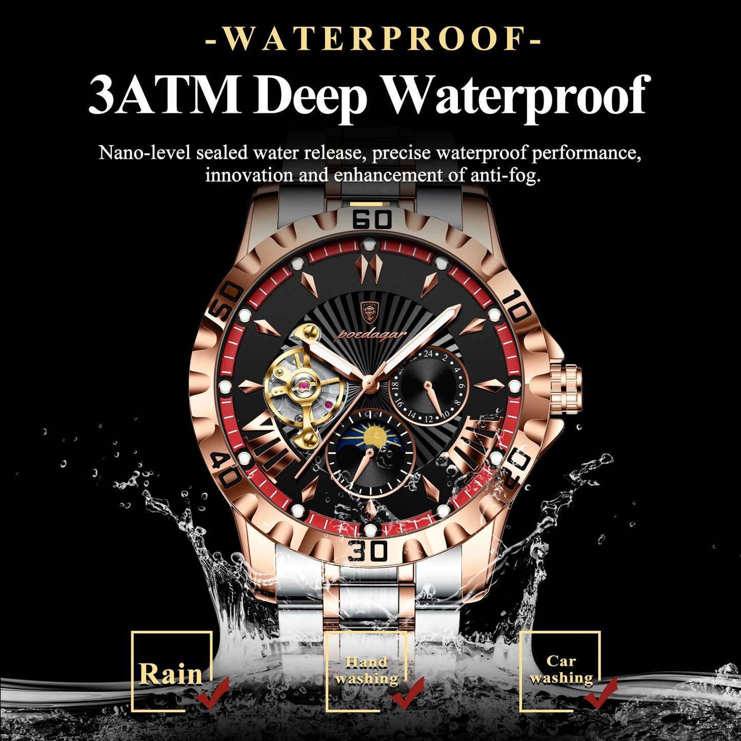 POEDAGAR Luxury Men Clock Hollow Tourbillon Automatic Mechanical Man Watch Waterproof Luminous Stainless Steel Men's Watches+Box