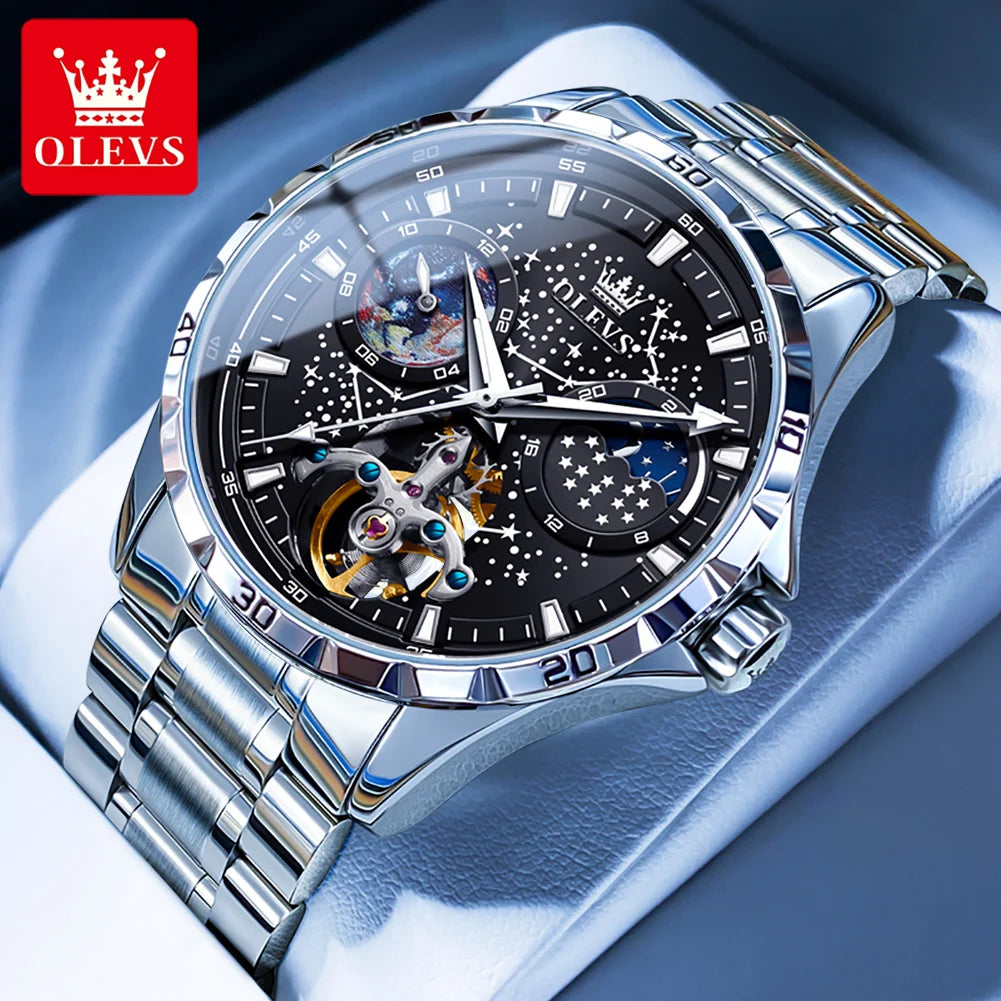 OLEVS Original Brand Men's Watches Waterproof Multifunctional Luminous Fully Automatic Mechanical Watch Moon Phase Starry Disk