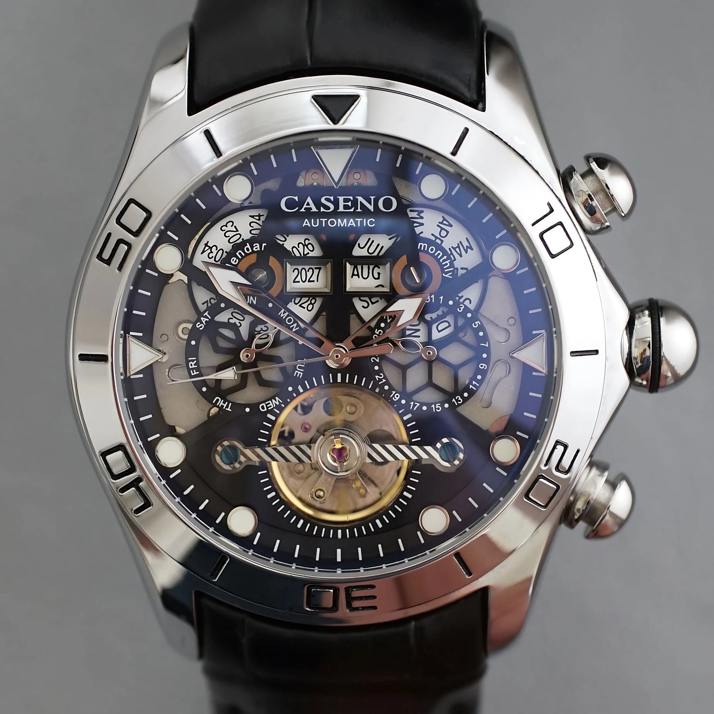 CASENO brand bubble perpetual calendar fully automatic tourbillon large dial mechanical watch belt watch -58284G