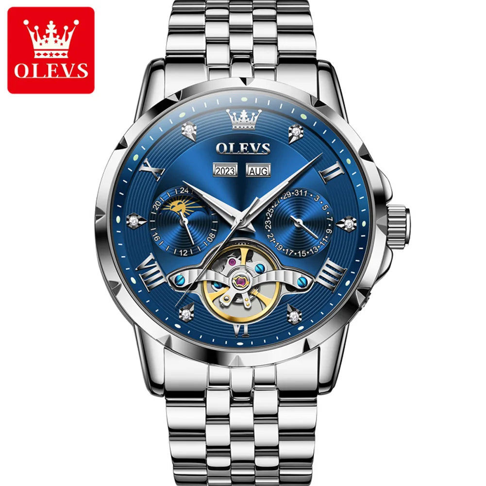 OLEVS 6691 Men's Automatic Mechanical Wristwatch Luxury Skeleton Flywheel Design Moon Phase Waterproof Original Brand Man Watch