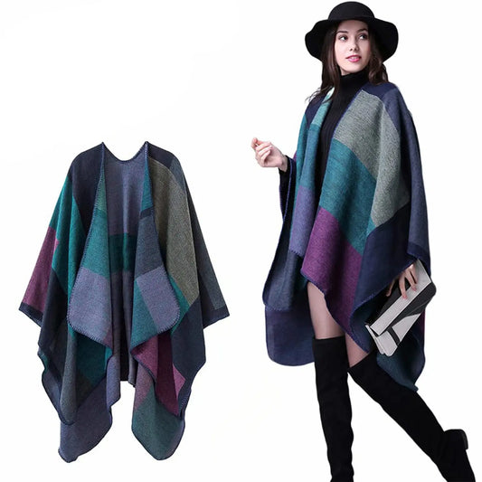 Thicken Winter Shawl Wraps Cape Women Fall Ponchos Plus Size Block Plaid Open Front Sweater Fleece Scarf Coat Holiday Outfits