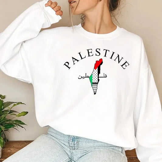 Palestine Map Sweatshirt Palestinian Arabic Name Printed Sweater Palestinian Adult Pullover Palestinian Crewneck Sweatshirt