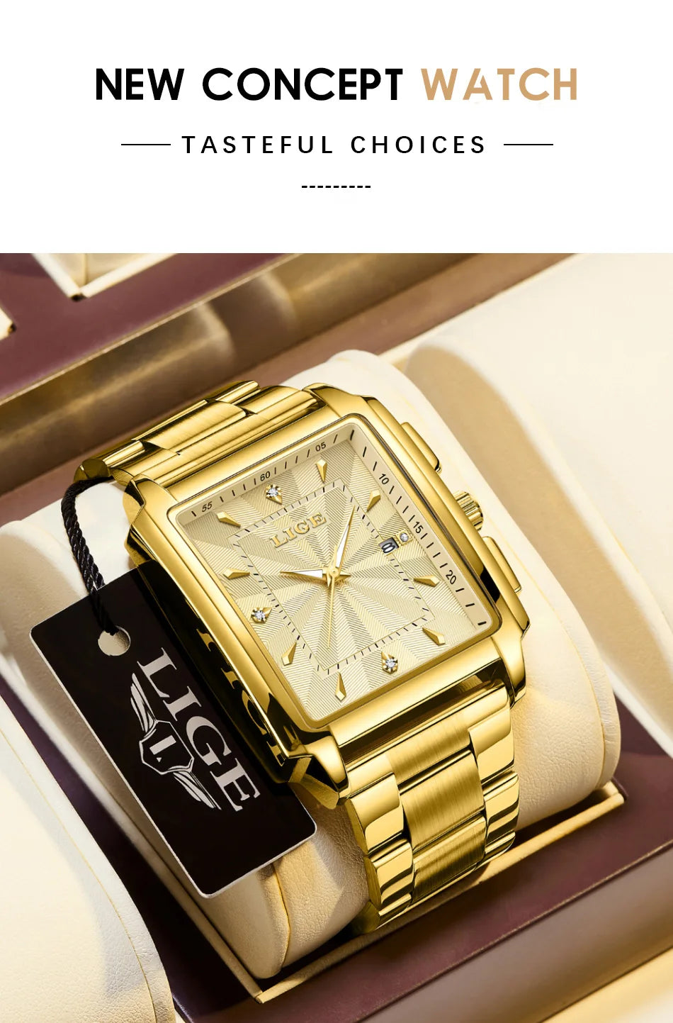 LIGE Watch Man Square Fashion Men Watches Top Brand Luxury Golden Quartz Stainless Steel Waterproof Wristwatch Relogio Masculino